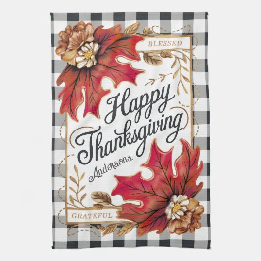 Herfst Thanksgiving esdoorn verlaat Gingham Custom Theedoek (Verticaal)
