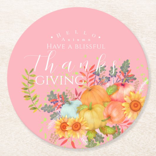 Herfst Thanksgiving Roze Ronde Kartonnen Onderzetter (Voorkant)