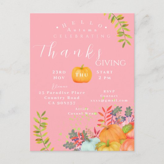 Herfst Thanksgiving Roze Wenskaart Briefkaart (Voorkant)