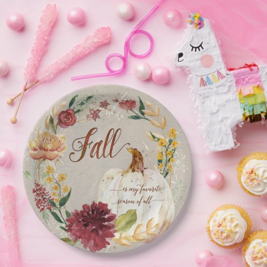 Herfst Thanksgiving White Pumpkin Floral Wreator Papieren Bordje (Feest)