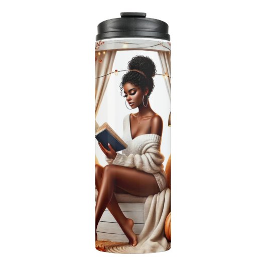  HERFST THEMA AFRO-AMERIKAANSE VROUW LEZEN THERMOSBEKER (Voorkant)