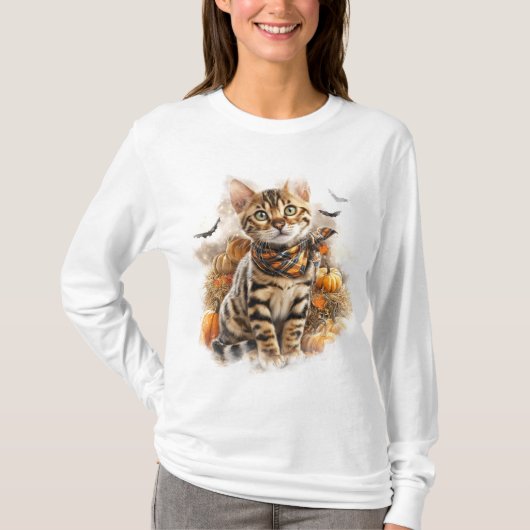 HERFST THEMA BENGAL CAT MET POMPOENEN T-SHIRT (Voorkant)