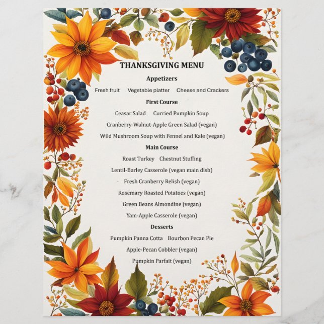 Herfst Thema Bloemen & Bessen Menu Uitnodiging Briefhoofd (Voorkant)