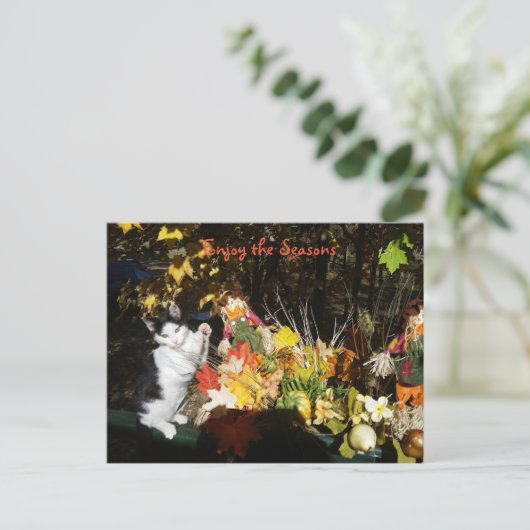 Herfst thema kat bladwijzer of feestdagenkaart (Staand voorkant)