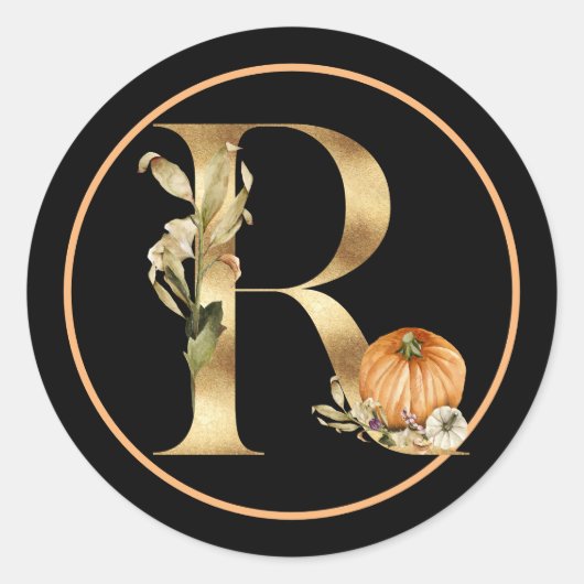 HERFST THEMA MONOGRAM R MET PUMPKIN RONDE STICKER (Voorkant)