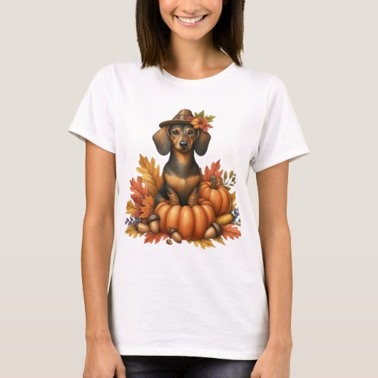 HERFST THEMA TECKEL HOND MET POMPOENEN T-SHIRT (Voorkant)