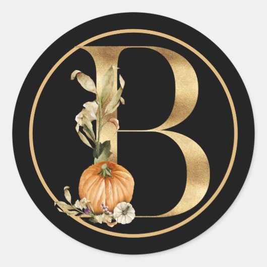 HERFST THEME GOLD MONOGRAM B MET PUMPKINS RONDE STICKER (Voorkant)
