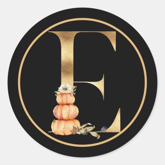 HERFST THEME GOLD MONOGRAM E MET PUMPKINS RONDE STICKER (Voorkant)
