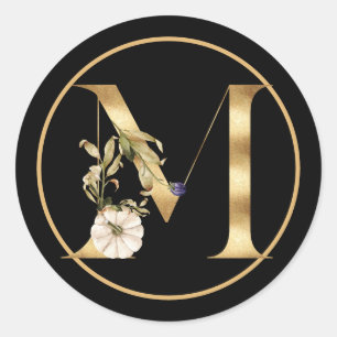 HERFST THEME GOLD MONOGRAM MET PUMPKINS RONDE STICKER