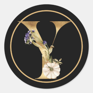 HERFST THEME MONOGRAM Y MET WITTE PUMPKIN RONDE STICKER