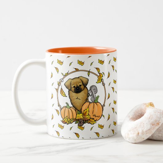 Herfst Tibetan Spaniel (bruin) Dog Pumpkins Cute Tweekleurige Koffiemok (Met donut)