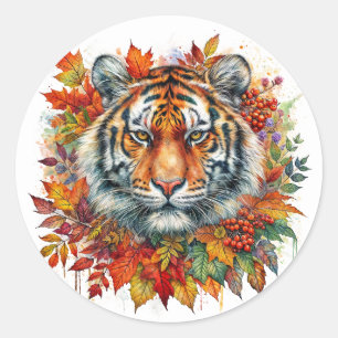 Herfst Tijger Gezicht Tussen Herfstbladeren Ronde Sticker