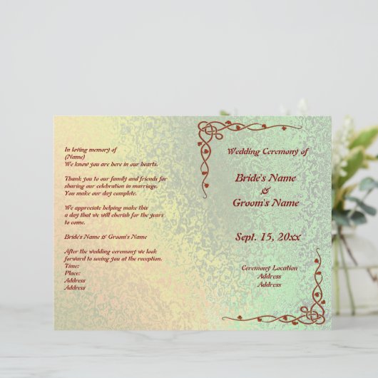 Herfst tinten van groen en geel bruiloft programma (Staand voorkant)