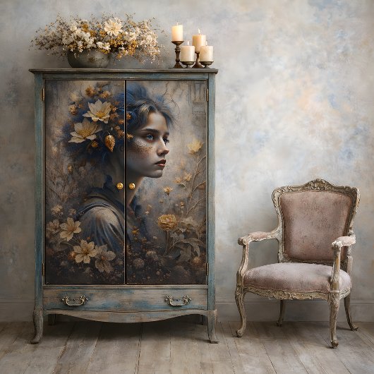 Herfst Tovenares Bloemig Goud Blauw Decoupage Tissuepapier