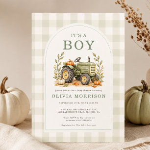 Herfst Tractor Het is een Jongen Gingham Baby Show Kaart