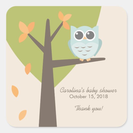 Herfst Tree Branch Blue Owl Baby shower Favor Vierkante Sticker (Voorkant)