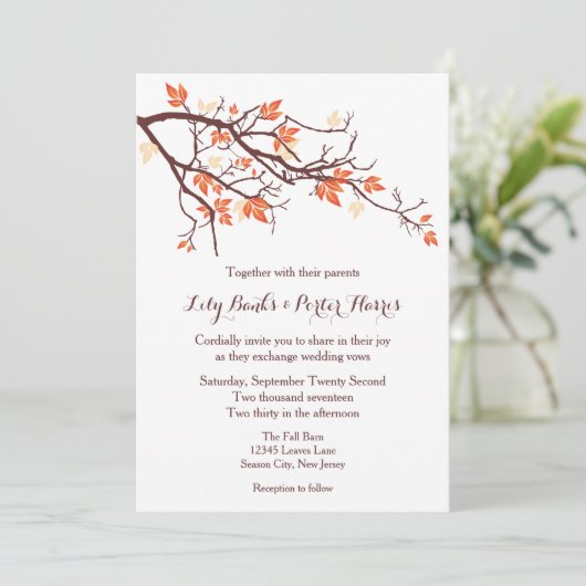 Herfst Tree Branch Wedding-uitnodiging Kaart (Staand voorkant)