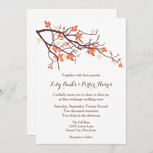 Herfst Tree Branch Wedding-uitnodiging Kaart (Voorkant / Achterkant)