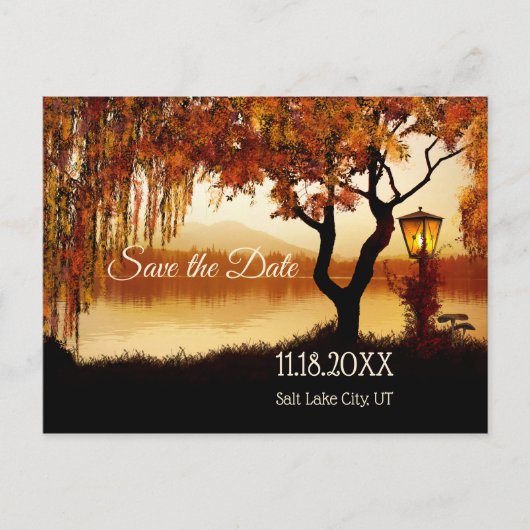 Herfst Tree Lake Uitzicht Save the Date Briefkaart (Voorkant)