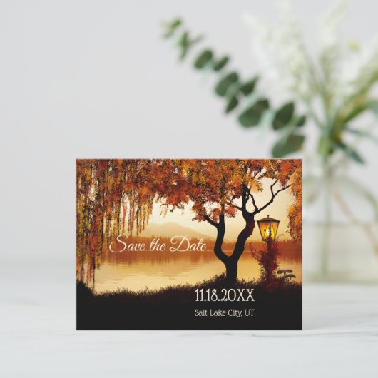 Herfst Tree Lake Uitzicht Save the Date Briefkaart (Staand voorkant)