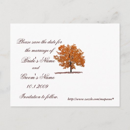 Herfst Tree Sla de datum briefkaart. Aankondigingskaart (Achterkant)