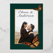 Herfst Trouwbos Groen Bloemen Monarch Vlinder Folie Uitnodiging (Achterkant)