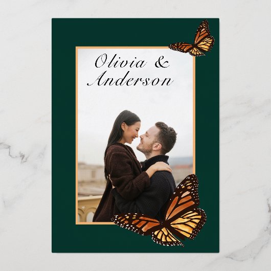 Herfst Trouwbos Groen Bloemen Monarch Vlinder Folie Uitnodiging (Achterkant)