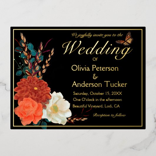 Herfst Trouwen Ivoor QRC Bloemen Monarch Butterfly Folie Uitnodiging Briefkaart (Voorkant)