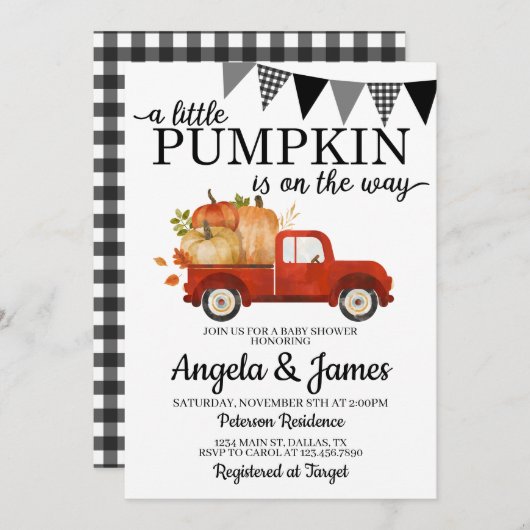 Herfst Truck Baby shower Invitation Pumpkin Patch Kaart (Voorkant / Achterkant)