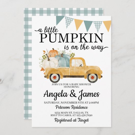 Herfst Truck Baby shower Invitation Pumpkin Patch Kaart (Voorkant / Achterkant)