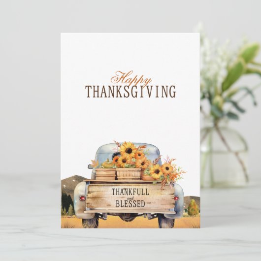 Herfst  truck met zonnebloemen Thanksgiving Feestdagenkaart (Staand voorkant)