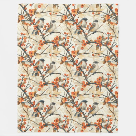 Herfst Tuin Vogels en Bloesems Sinaasappel Bruin K Fleece Deken (Voorkant)