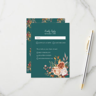Herfst Turquoise Aquarel Terracotta Bloemige bruil RSVP Kaartje