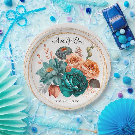 Herfst Turquoise en Terracotta Pioen Gouden Bruilo Papieren Bordje (Feest)