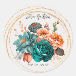 Herfst Turquoise en Terracotta Pioen Gouden Bruilo Ronde Sticker