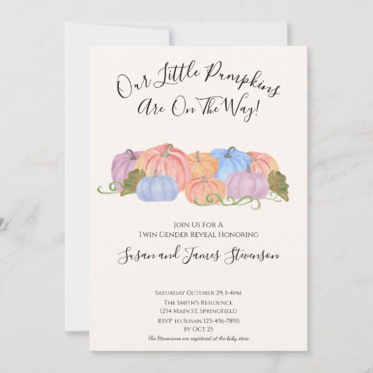 Herfst Twin Gender Reveal Little Pumpkin Theme Kaart (Voorkant)