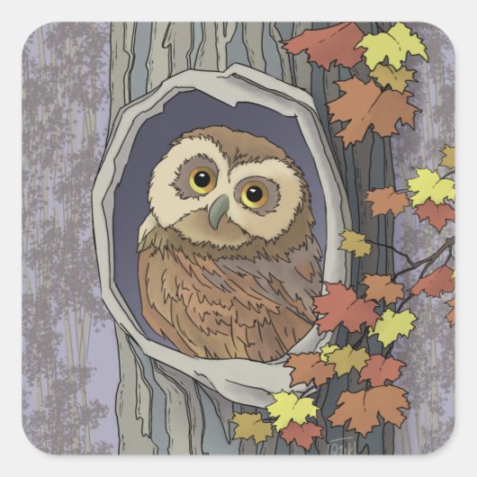 Herfst Uil en Herfst Kleuren Vierkante Sticker (Voorkant)