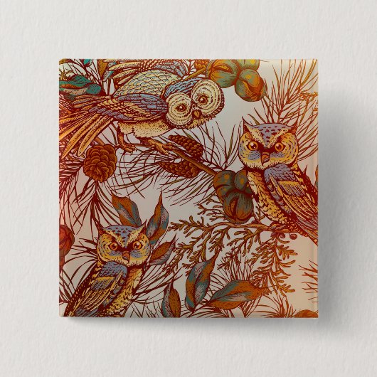 Herfst uil  herfst patroon sinaasappel groen blauw vierkante button 5,1 cm (Voorkant)