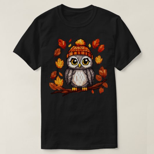 Herfst Uil in een gebreide Beanie pet Pixel Art 1 T-shirt (Design voorkant)