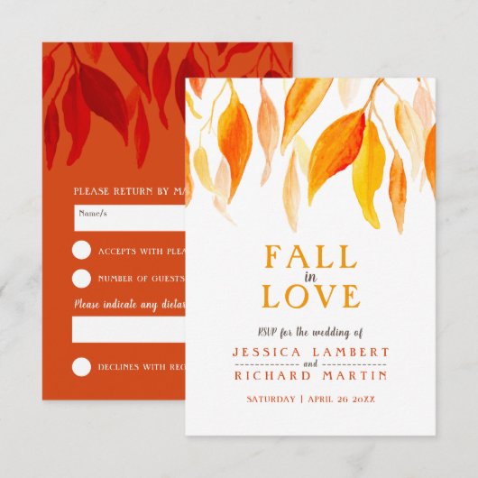 Herfst uit liefde waterverf oranje rode herfstbrui RSVP kaartje (Voorkant / Achterkant)