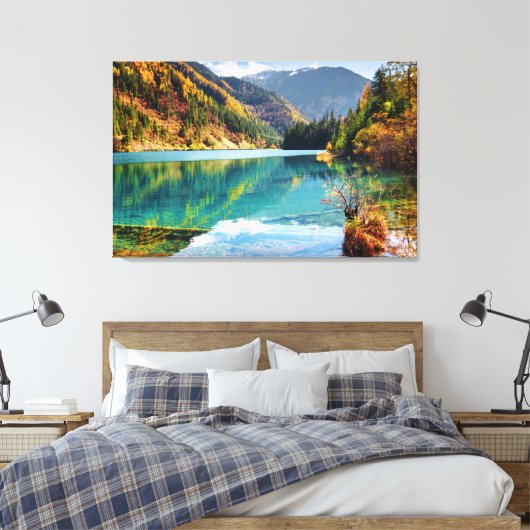 Herfst Uitzicht Arrow Bamboo Lake Mountains Jiuzha Canvas Afdruk (Insitu (Slaapkamer))