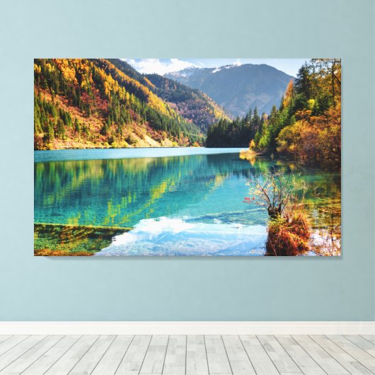 Herfst Uitzicht Arrow Bamboo Lake Mountains Jiuzha Canvas Afdruk (Insitu (Houten vloer))