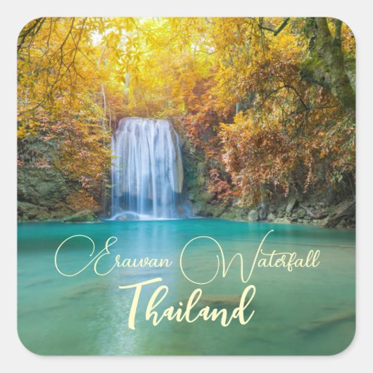 Herfst Uitzicht van Erawan Waterfall Thailand Vierkante Sticker (Voorkant)