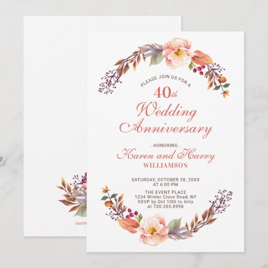 Herfst/Val Bloem 40ste Huwelijksjubileum Uitnodigi Kaart (Voorkant / Achterkant)