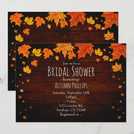 Herfst Vallende Glitterie Verlaat Rustieke Uitnodi Kaart (Voorkant / Achterkant)