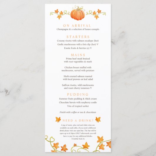 Herfst van de liefdespompoen waterverf trouwmenu menu (Achterkant)