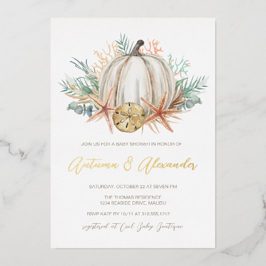 Herfst van kustwateren, pompoen en zeeschelpen, Ba Folie Uitnodiging (Voorkant)