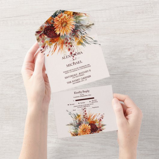 Herfst Verbrand Oranje Aquarel Pampas Gras Bruilof All In One Uitnodiging (Afscheurbaar)