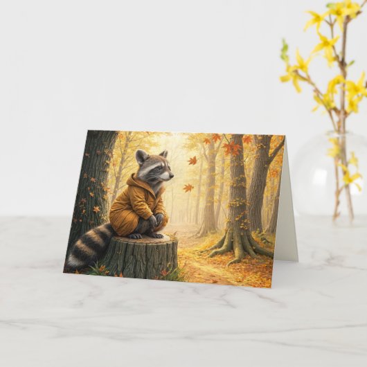 Herfst Verjaardag Wasbeer op boomstronk Kaart (Gele Bloem)
