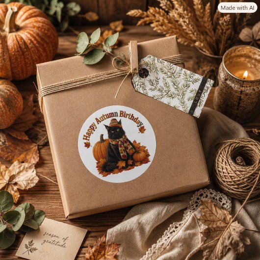 Herfst Verjaardag Zwarte Kat met Hoed Ronde Sticker